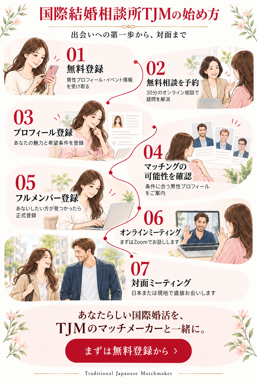 国際結婚相談所TJMの始め方 | 国際結婚・海外結婚相談所TJM in アメリカ|日本人女性と外国人男性のための結婚相談サービス 国際結婚相談所TJM:ご登録の流れ